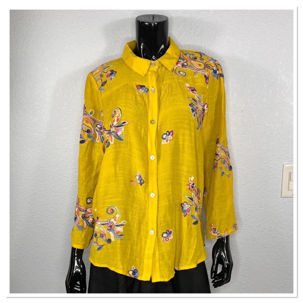 fig and flower Yellow Boho Floral Embroidered Button Roll Tab Sleeve Blouse Sz L - Picture 1 of 7
